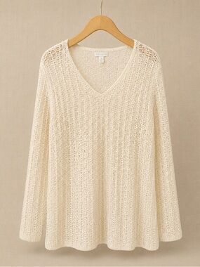 CHARTER CLUB Open Knit Crochet Sweater Ivory Boho Beach Coverup L